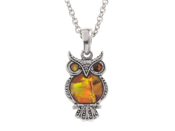 Paua Shell Orange Owl Bird Pendant Necklace Rhodium Chain Tide Jewellery Talbot Fashions Organic New Zealand Sea Opal