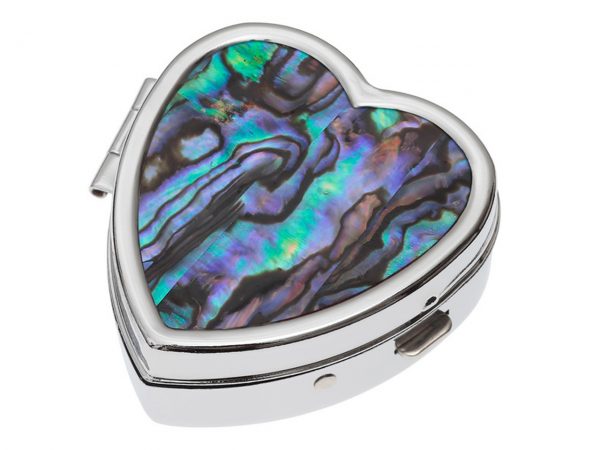 Paua Shell Blue Green, Purple Pink Heart Pill Box Rhodium Tide Jewellery Talbot Fashions Organic New Zealand Sea Opal