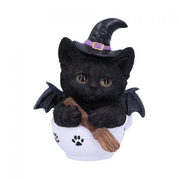 Kit-Tea Cat Ornament Figure Home Decor Kitten Witch Familiar Broomstick Bat Tea Occult Spiritual Nemesis Now