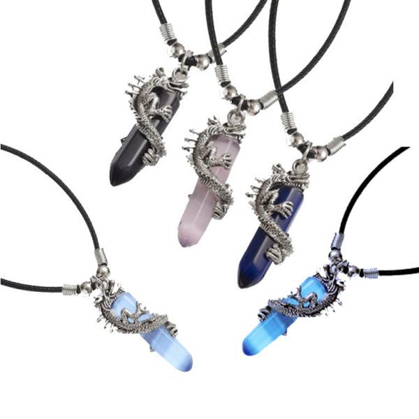 Blue Jade Pink Rose Quartz White Opalite Blue Lapis Lazili Black Agate Onyx Dragon Crystal Choker Necklace Metal Pendant Chakra Dowsing Synthetic Wish Jewellery